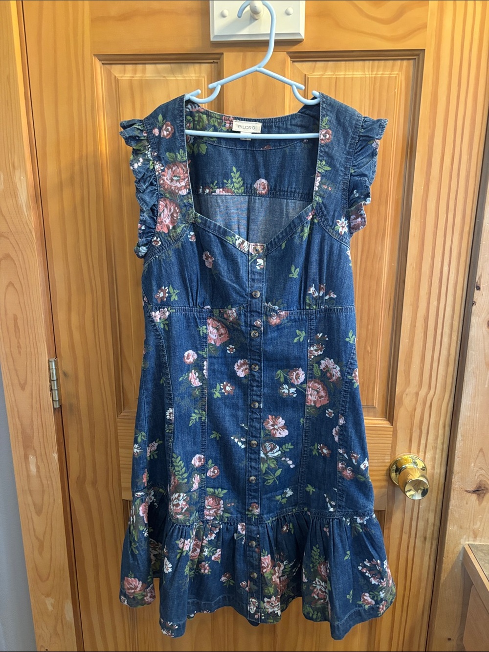Pilcro Ruffled Denim Sweetheart Flutter-Sleeve Dress